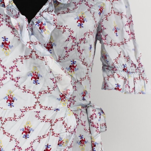 Hill House Home Nima Silk Floral Wrap Silver Mini V-Neck Dress Robe XS X-Small - Picture 6 of 9